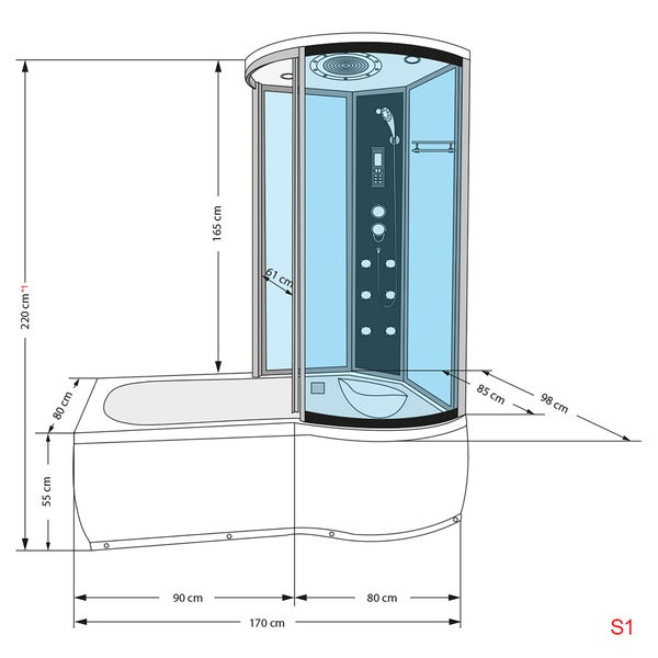 Technische Zeichnung einer Dusch-Badewannen-Kombination mit Duschpaneel und Maßangaben. Gesamthöhe 220 Zentimeter, Breite 170 Zentimeter.
