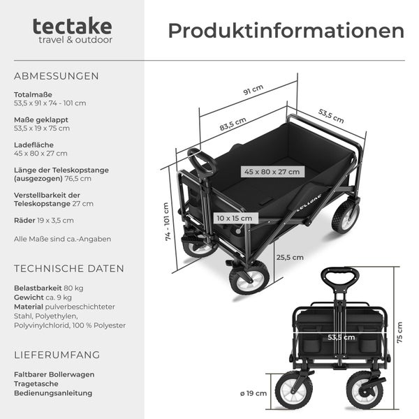 Technische Zeichnung eines faltbaren Bollerwagens von tectake mit Maßangaben für Aufbau, Ladefläche, Teleskopstange und Räder sowie Produktdaten.