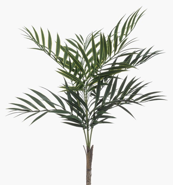 Künstliche Palme mit grünen Palmwedeln und braunem Stamm.