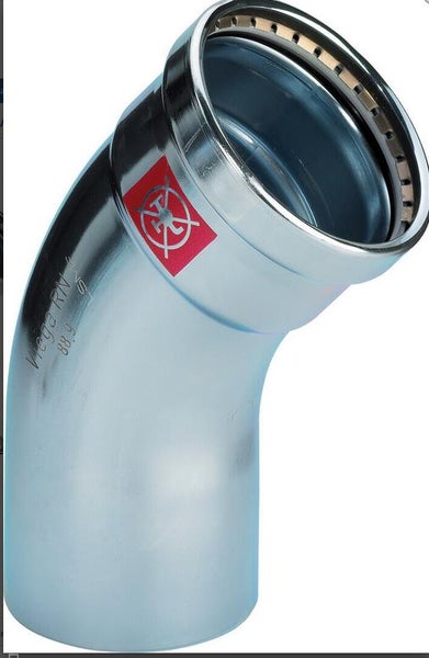 Viega Pressbogen 45 Grad aus verzinktem Stahl für Rohre mit 88,9 Millimeter Durchmesser, nicht für Trinkwasser geeignet.