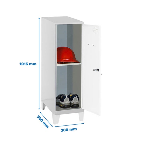 Metall-Garderobenschrank mit einer Tür, einem Fachboden, Schuhen und einem Bauhelm