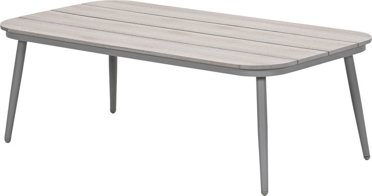 Loungetisch für den Garten mit Aluminiumgestell und Tischplatte in Holzoptik, rechteckig mit abgerundeten Ecken.