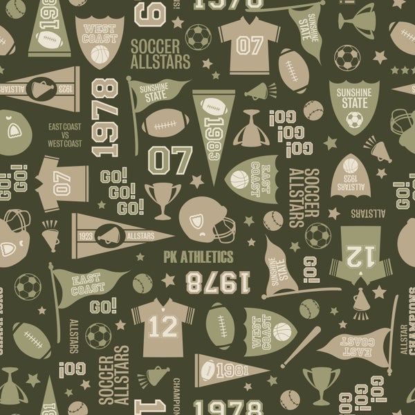 Muster mit Sportmotiven wie Fußbällen, Trikots und Pokalen