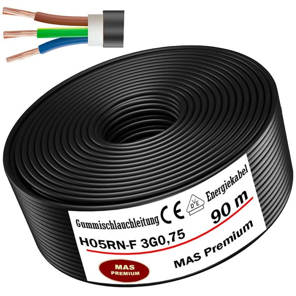 Gummischlauchleitung H05RN-F 3G0,75 MAS Premium, 90 Meter Ring mit Detailansicht der drei Adern.