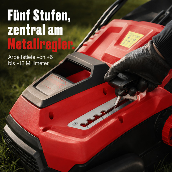 Zentrale Arbeitstiefeneinstellung eines Vertikutierers mit Metallregler in fünf Stufen von plus 6 bis minus 12 Millimeter.