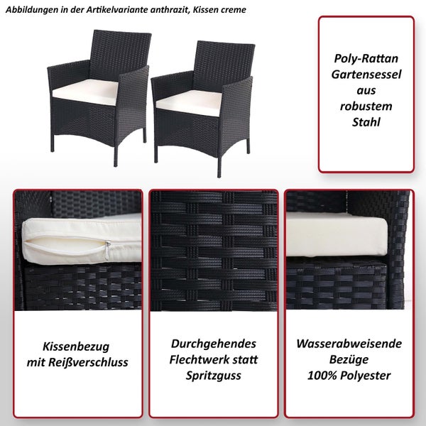 Gartenstühle aus Polyrattan mit Stahlgestell, Kissenbezug mit Reißverschluss, durchgehendes Flechtwerk, wasserabweisend, 100 Prozent Polyester.