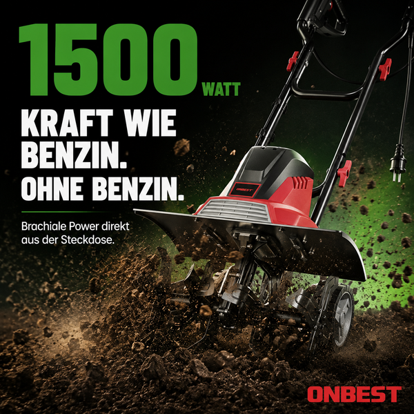 Elektrische Bodenhacke von Onbest mit 1500 Watt Leistung beim Umgraben von Erde. Onbest Logo.