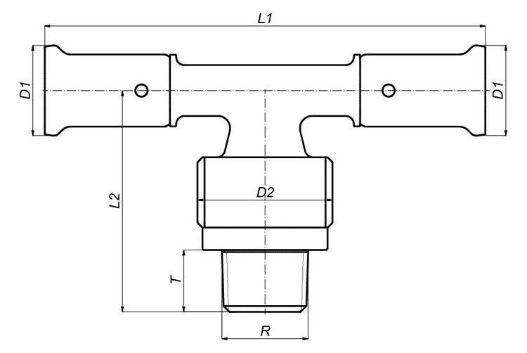 Technische Zeichnung eines T-Stücks mit Bemaßungen für Längen und Durchmesser.