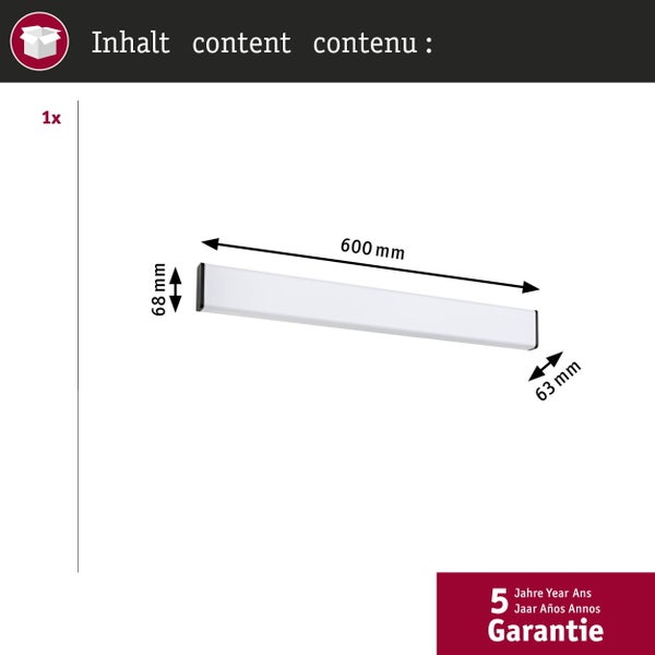 LED-Wandleuchte mit Abmessungen: 600 Millimeter Länge, 68 Millimeter Höhe, 63 Millimeter Tiefe. Packungsinhalt 1 Stück. 5 Jahre Garantie.