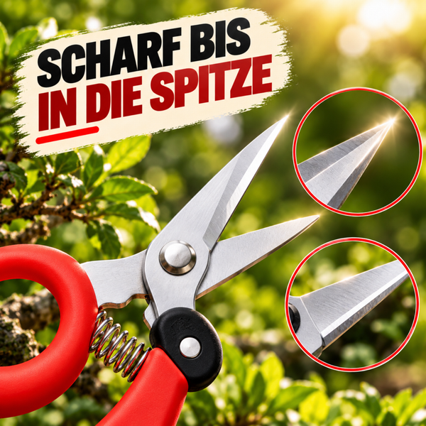 Gartenschere mit scharfen Metallklingen und Federung vor unscharfem Gartenhintergrund inklusive Detailansichten der Klingenspitzen.