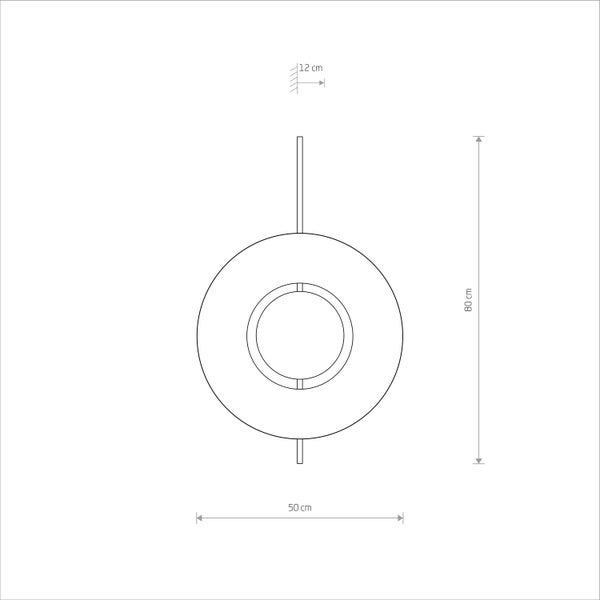 Technische Zeichnung eines runden Pflanzgefäßes mit den Maßen 80 cm Höhe, 50 cm Breite und 12 cm Tiefe.