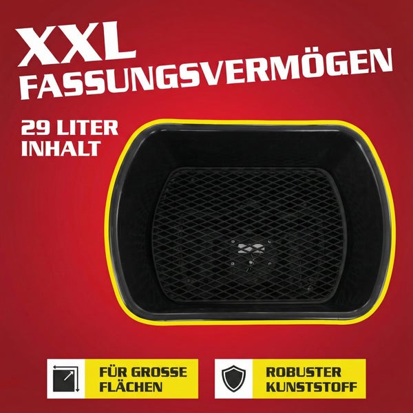 Abbildung eines schwarzen Behälters mit 29 Litern Fassungsvermögen, geeignet für grosse Flächen und aus robustem Kunststoff.