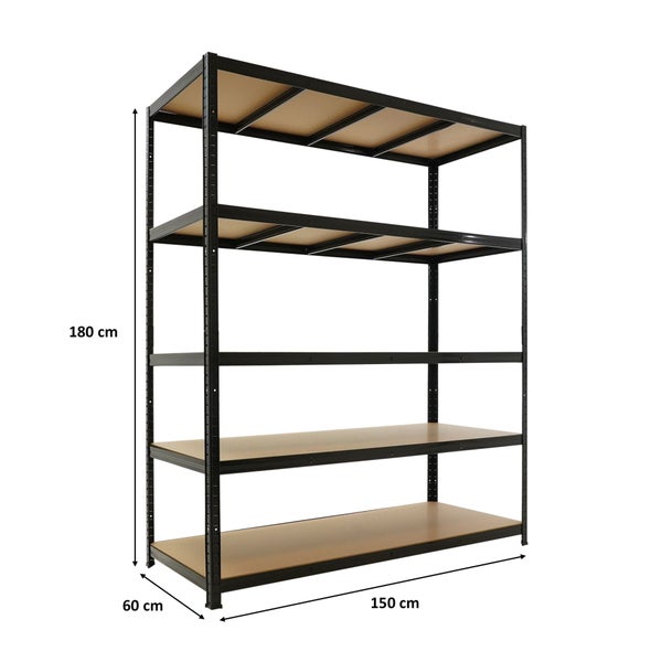 Schwerlastregal aus Metall mit fünf Holzböden, Höhe 180 Zentimeter, Breite 150 Zentimeter, Tiefe 60 Zentimeter.