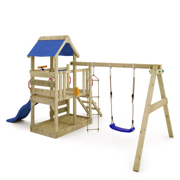 WICKEY Spielturm Klettergerüst TurboFlyer mit Schaukel und Rutsche, Kletterturm mit Sandkasten, Leiter und Spiel-Zubehör - blau