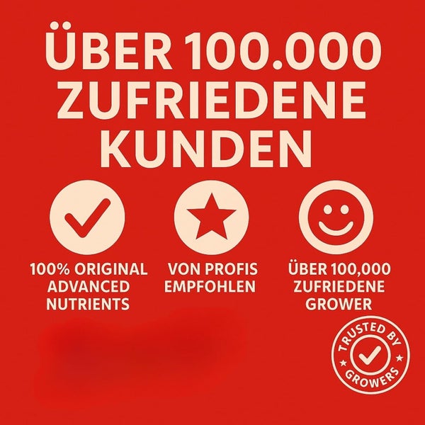 Infografik zu Advanced Nutrients mit Hinweisen auf über 100000 zufriedene Kunden, 100 Prozent Originalqualität und Empfehlungen von Profis.
