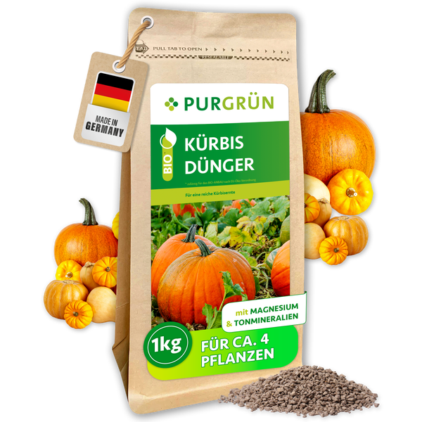 Eine Packung Purgrün Bio Kürbis Dünger mit einem Kilogramm Inhalt und zugesetztem Magnesium sowie Tonmineralien für Kürbispflanzen.