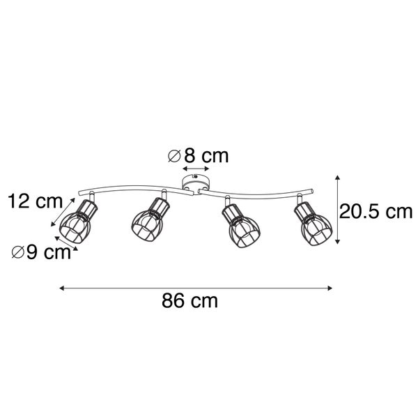 Technische Zeichnung einer Deckenleuchte mit vier Strahlern und Maßangaben.