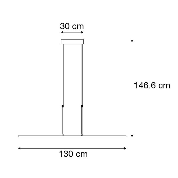 Skizze einer Hängeleuchte mit den Maßen 130 cm Breite, 30 cm Tiefe und 146,6 cm Höhe