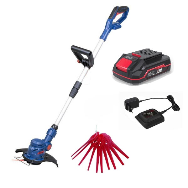Akku-Rasentrimmer Set inklusive 18 Volt Akku, Ladegerät und Ersatzmessern aus Kunststoff.