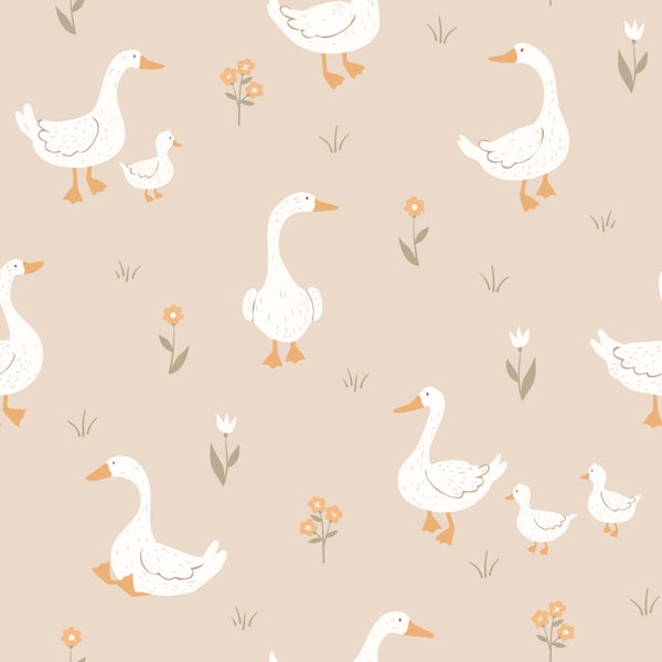 Illustration mit Gänsemuster und Blumenmotiven