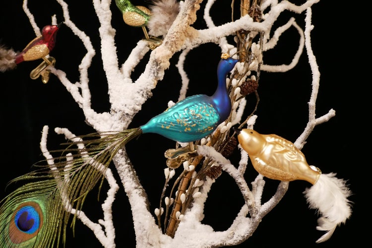 Blau/silber Pfau aus Glas auf Clip mit 28cm langer Naturfeder mundgeblasen, handdekoriert, 1 Stck., Weihnachtsbaumkugeln, Christbaumschmuck, Weihnachtsbaumanhänger