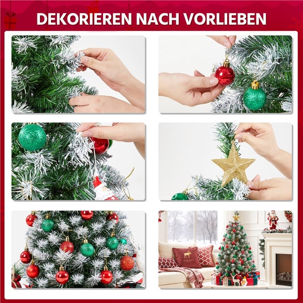 Dekoration eines Weihnachtsbaums mit Christbaumschmuck, Lametta und einer goldenen Sternspitze
