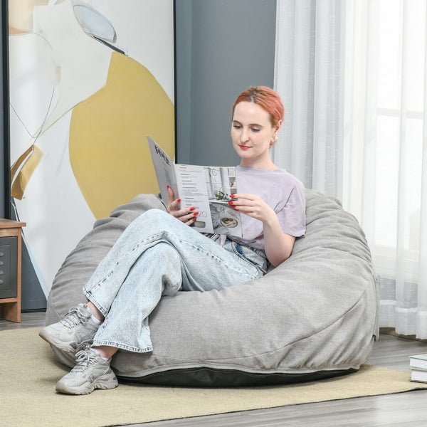 HOMCOM Sitzsack aufblasbares Sofa Bodensessel Sitzkissen gepolstert mit 2 Seitentaschen waschbar für Wohnzimmer Liege Schlafzimmer Polyester-Gewebe Schaumstoff-Füllung Hellgrau Ø115x71 cm