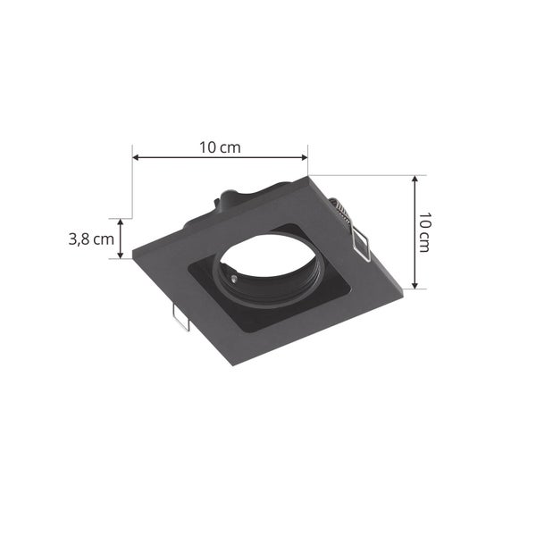 Quadratischer Einbaustrahler in Schwarz mit Maßen: 10 Zentimeter Breite, 10 Zentimeter Länge und 3,8 Zentimeter Tiefe.