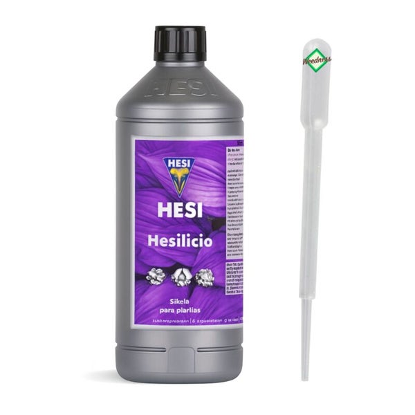 HESI Hesilicio Pflanzendünger in einer Kunststoffflasche mit Pipette zur Dosierung.