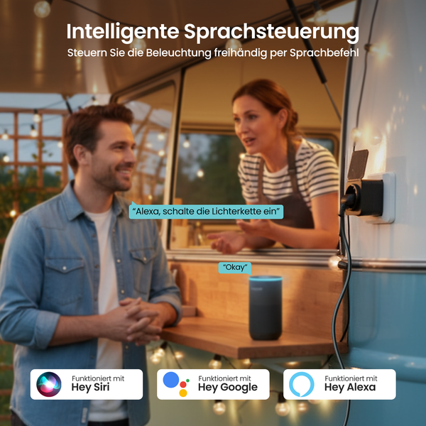 Szene mit intelligenter Sprachsteuerung zur Steuerung der Beleuchtung per Sprachbefehl mit Hey Siri, Hey Google und Hey Alexa.