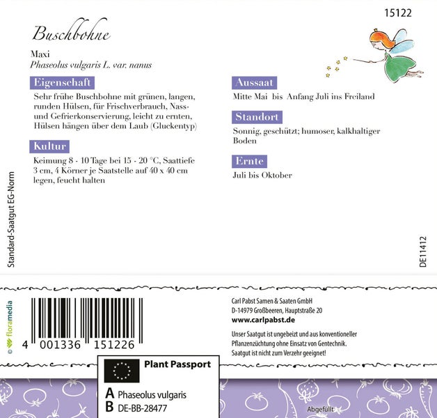 Rückseite der Samentüte für Buschbohne Maxi mit Anbauinformationen zu Aussaat, Standort und Ernte sowie Barcode und Pflanzenpass.