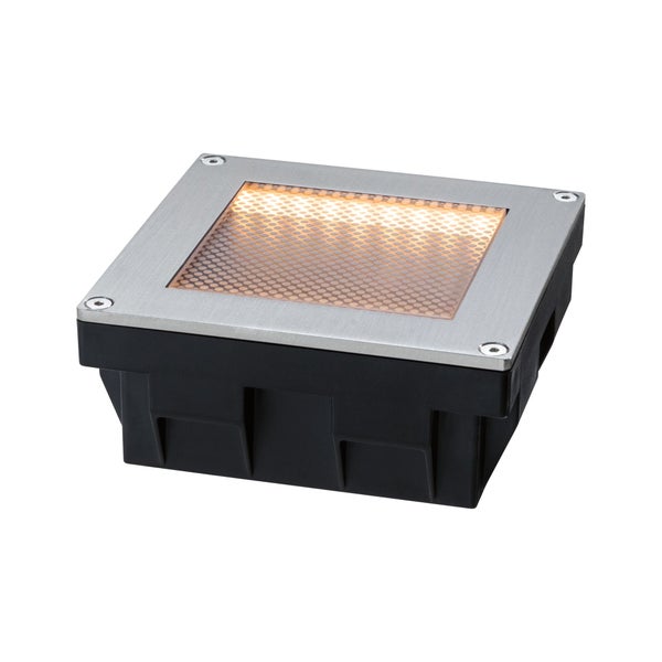 Quadratischer LED Bodeneinbaustrahler aus Edelstahl und Kunststoff für den Außenbereich.