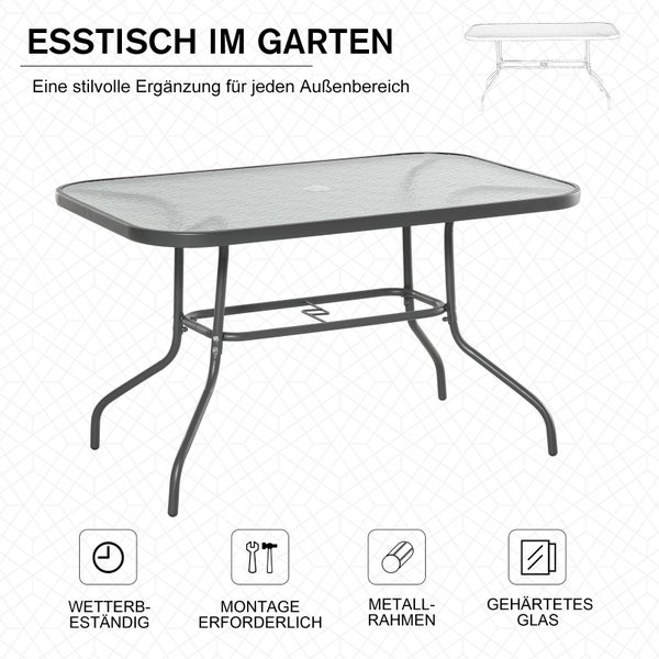 Outsunny Gartentisch, Bistrotisch mit Glasplatte, Schirmloch, 120 x 80 x 70 cm, Hartglas + Metall, Carbongrau
