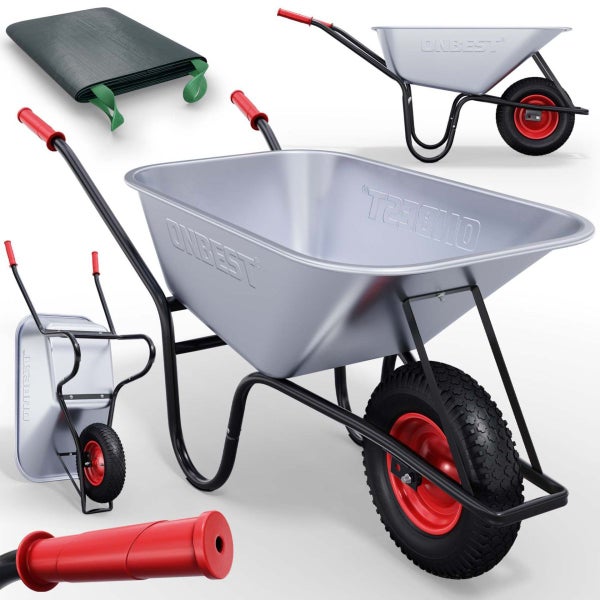 Onbest Schubkarre mit verzinkter Mulde, schwarzem Gestell, rotem Rad und dunkelgrüner Gartenplane.