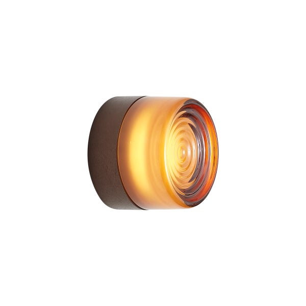 Runde LED Wandleuchte mit Holzgehäuse und strukturiertem Glasdiffusor für eine warme Beleuchtung.