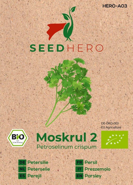 Samentüte für Bio-Petersilie Moskrul 2 Mooskrause, SEEDHERO Logo, Bio-Siegel und EU-Bio-Siegel.