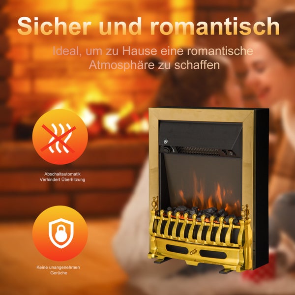 HOMCOM Elektrokamin, Flammeneffekt, 1000/2000W, 48,2 x 18,5 x 59,2 cm, Metall und Kunststoff, Gold