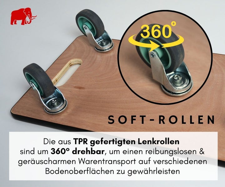 Wagner Logo. Rollbrett mit um 360 Grad drehbaren Lenkrollen aus thermoplastischem Gummi für einen geräuscharmen Transport.