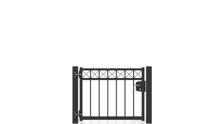 Gartentor ZAUNGURU BASIC-Linie Oldenburg Kreuz aus Metall, Höhe: 83cm, Breite: 123cm, 1-flügelig inkl. Pfosten, Schloss und Zubehör, Feuerverzinkt und in RAL 7016 Anthrazitgrau pulverbeschichtet