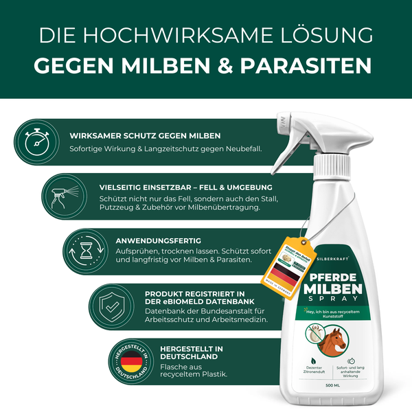 Silberkraft Milbenspray Pferde 500 ml, Effektiver Milbenschutz & Parasitenabwehr, Soforthilfe bei Juckreiz, Langzeitschutz gegen Milben, Flöhe & Läuse, wirksame Formel zur Insektenabwehr