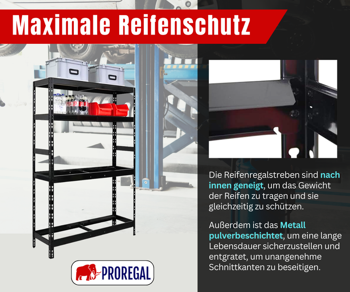 Schwarz pulverbeschichtetes Reifenregal aus Metall mit fünf Ebenen und nach innen geneigten Streben. PROREGAL Logo.