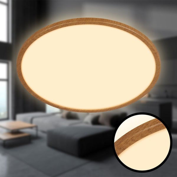 LED Deckenlampe Holz Deckenleuchte Wohnzimmer Indirektes Licht Flach Warmweiß