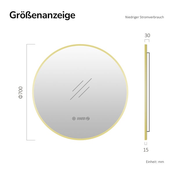 Runder Badspiegel mit Beleuchtung, Durchmesser 700 Millimeter, Tiefe 30 Millimeter, mit Digitaluhr und Touch-Bedienung.