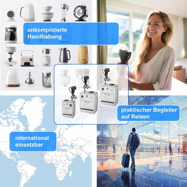 Collage mit drei verschiedenen Spannungswandlern von 500 bis 2000 Watt, Weltkarte, Haushaltsgeräten und Reiseszenen am Flughafen.