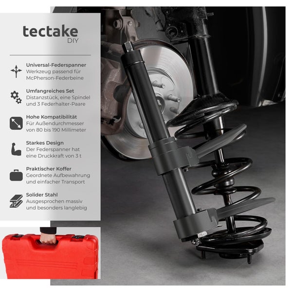 Tectake Logo. Universal-Federspanner aus massivm Stahl an einem McPherson-Federbein montiert, inklusive rotem Werkzeugkoffer und Produktmerkmalen.