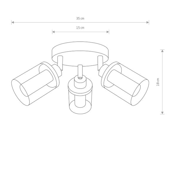 Technische Zeichnung einer Deckenleuchte mit drei Leuchten, Abmessungen 35 cm, 15 cm und 18 cm.