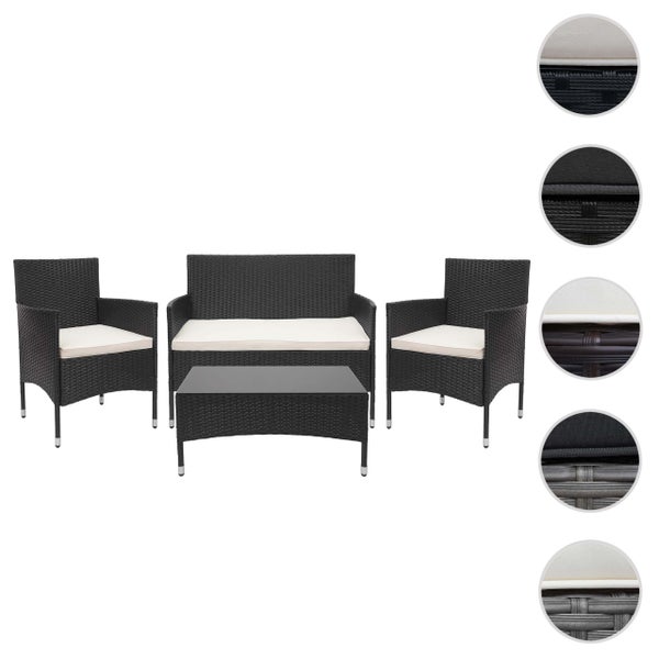 Gartenmöbel-Set aus Polyrattan bestehend aus einem Sofa, zwei Sesseln und einem Tisch inklusive Sitzkissen sowie Detailansichten der Geflechte.