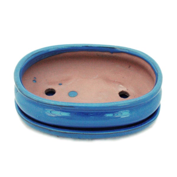 Ovale Bonsaischale aus Keramik mit Untersetzer