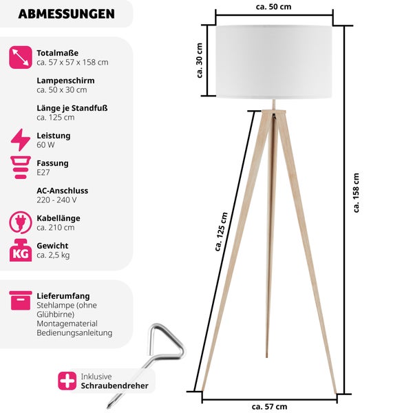 Stehleuchte tectake Lunaris Dreibeingestell aus Stahl, 60 W 57 x 57 x 158 cm