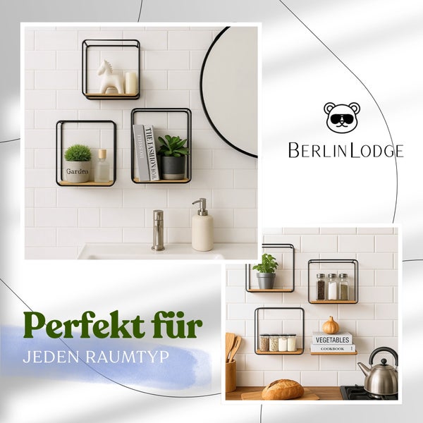 Set aus quadratischen Wandregalen aus Metall und Holz im Bad und in der Küche. BerlinLodge Logo.